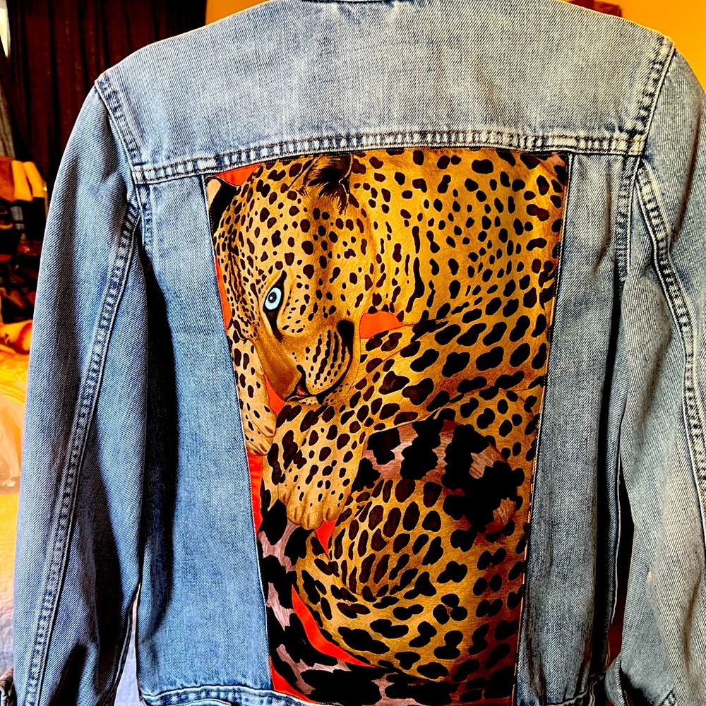 Custom design denim jacket, made with authentic Hermes scarf